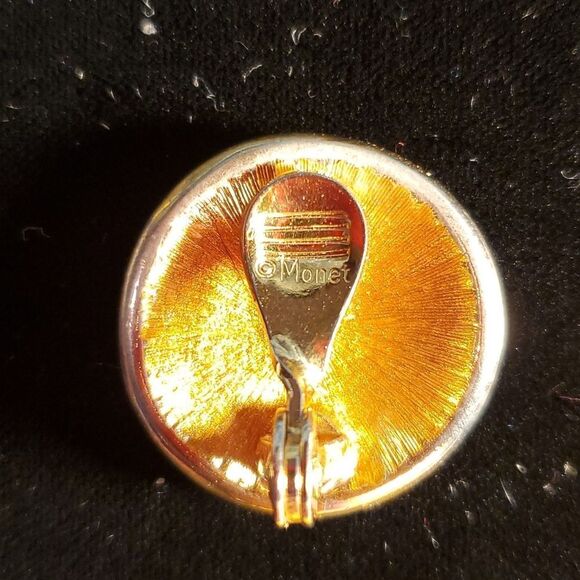 Vintage Monet Clip-On Round Goldtone & Black Enamel Concentric Design Earrings - Picture 4 of 5